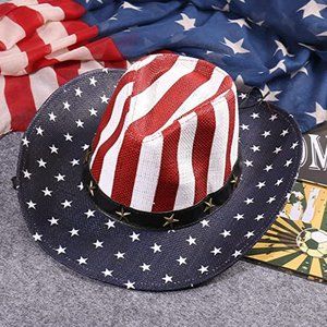 American Flag Cowboy Hat, Bright Red, White, Blue Western USA, Star Brim, Stripe